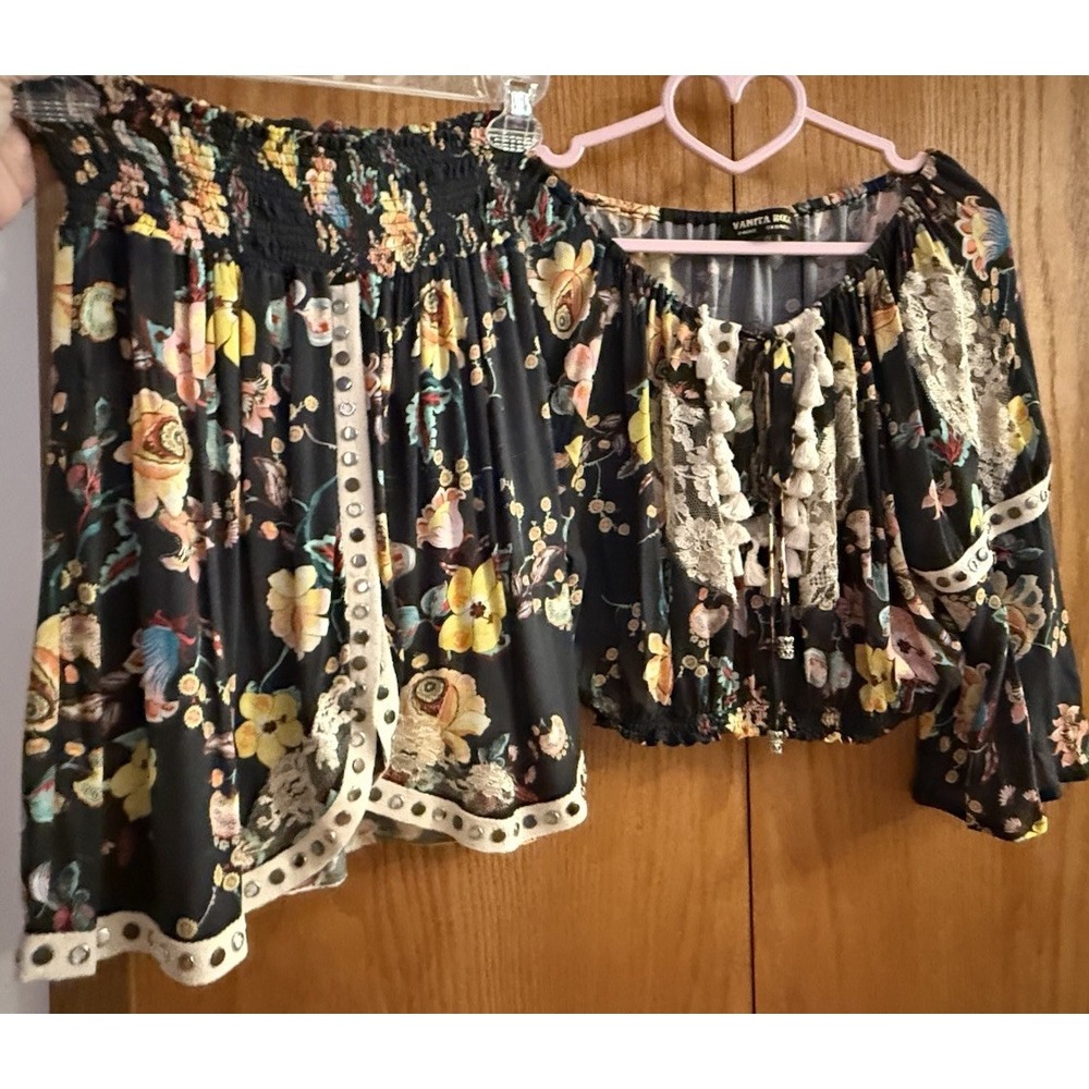 Vanita Rosa Skirt Top Combo Set Wm XS S‎ Black Floral Studded Smocked Lace Boho